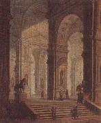 The interior of a classical building,with soldiers guarding the entrance at the base of a set of steps
